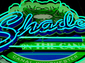 Shade Restaurant Blue and Green Neon Sign with Printed Sign Background by Custom Sign Center of Columbus Ohio