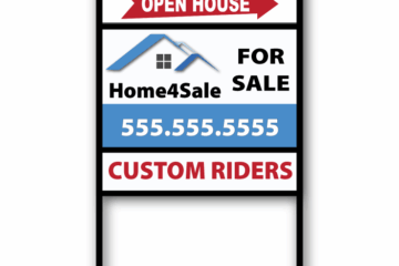 real estate yard sign mounted on a black metal frame, featuring a red “Open House” arrow rider at the top, a “For Sale” panel with a house logo, agent branding, and phone number, and a red “Custom Riders” panel below. The example demonstrates how custom rider signs can be stacked with main panels to add flexible messaging for real estate listings