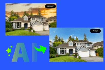 Before-and-after example of AI-enhanced real estate listing photos showing improved lighting and clarity for online property marketing.