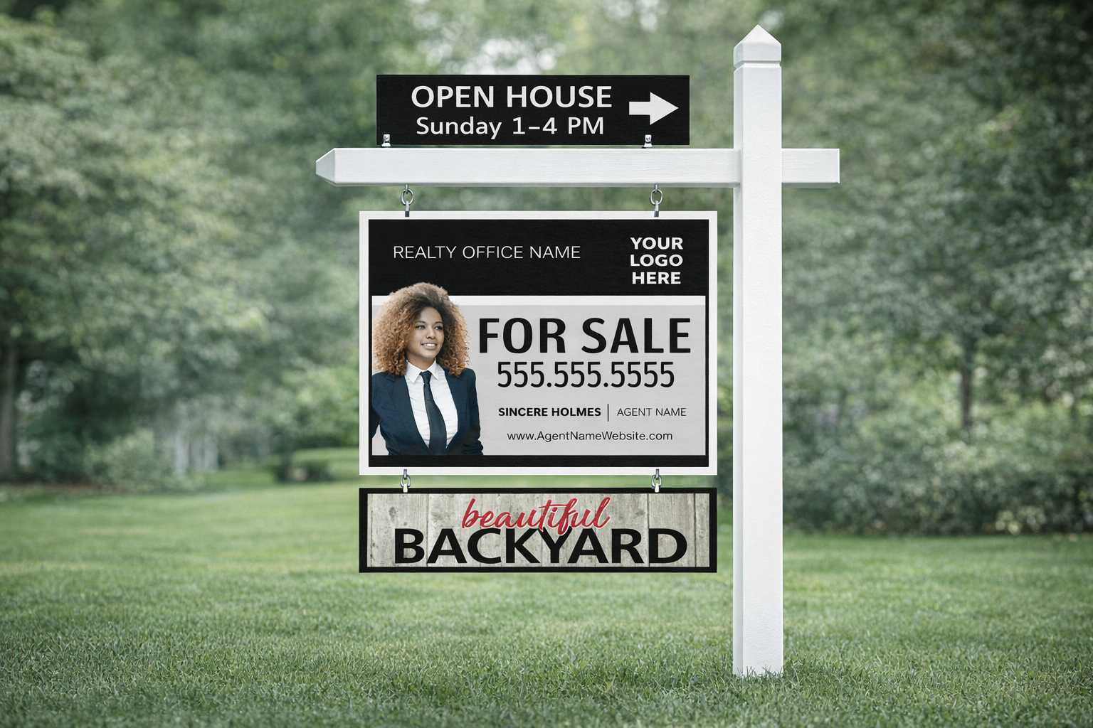 Real estate sign package showing coordinated yard sign panels and riders designed as a complete system