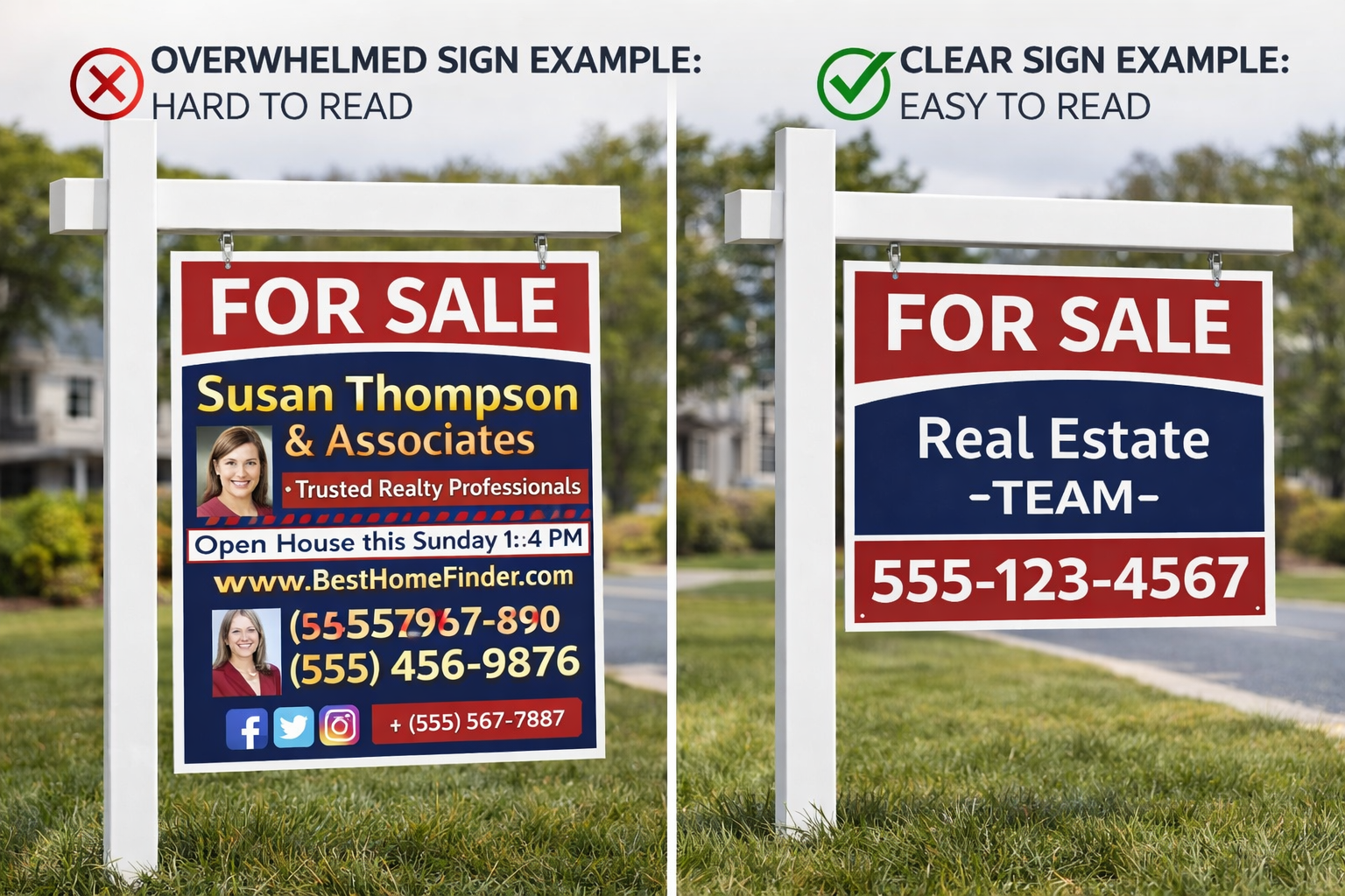 Comparison of a cluttered real estate sign versus a clean, easy-to-read sign highlighting common visibility mistakes