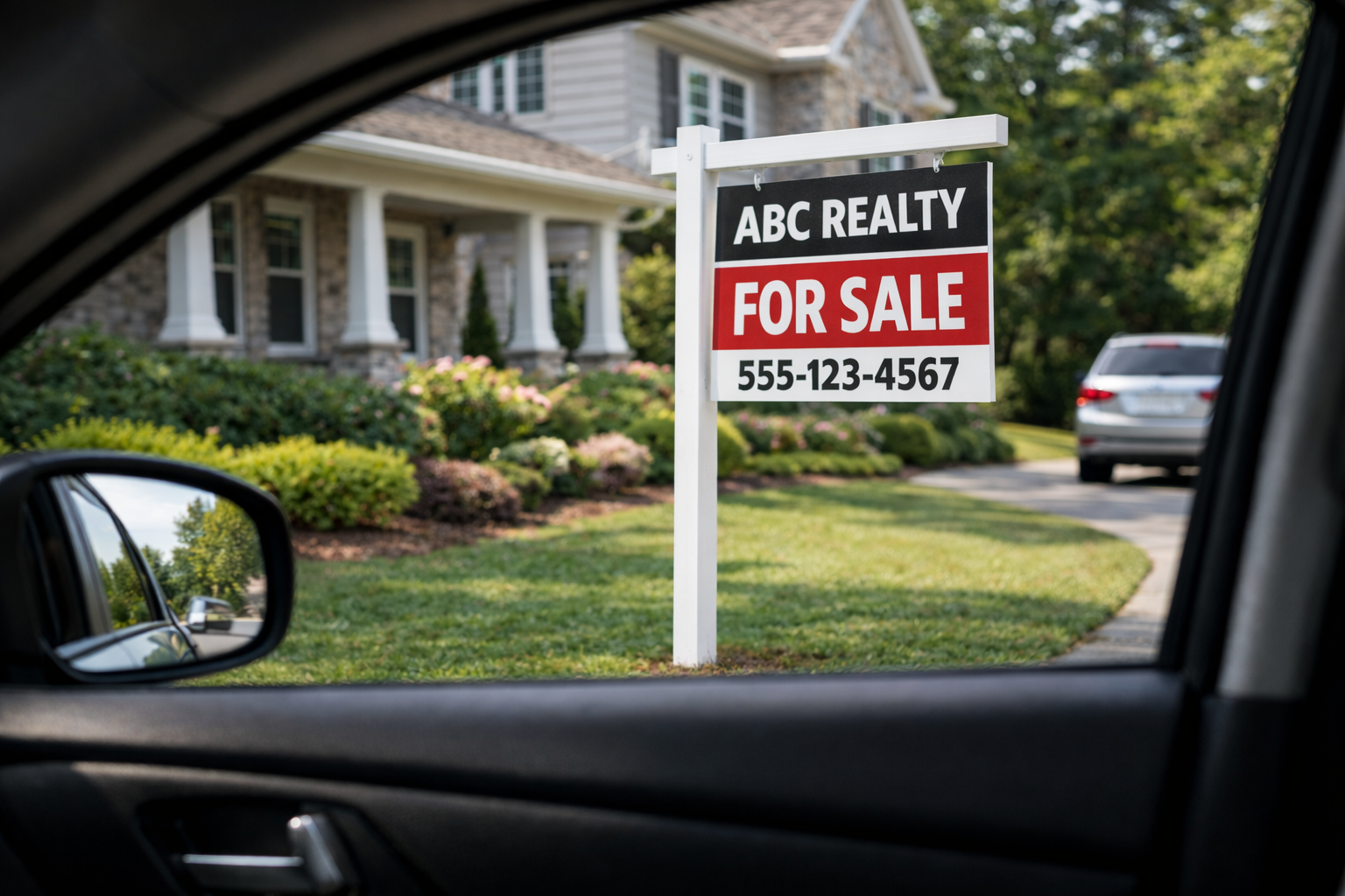 High-contrast real estate sign viewed from inside a car, showing how bold color and clear font improve readability at a glance