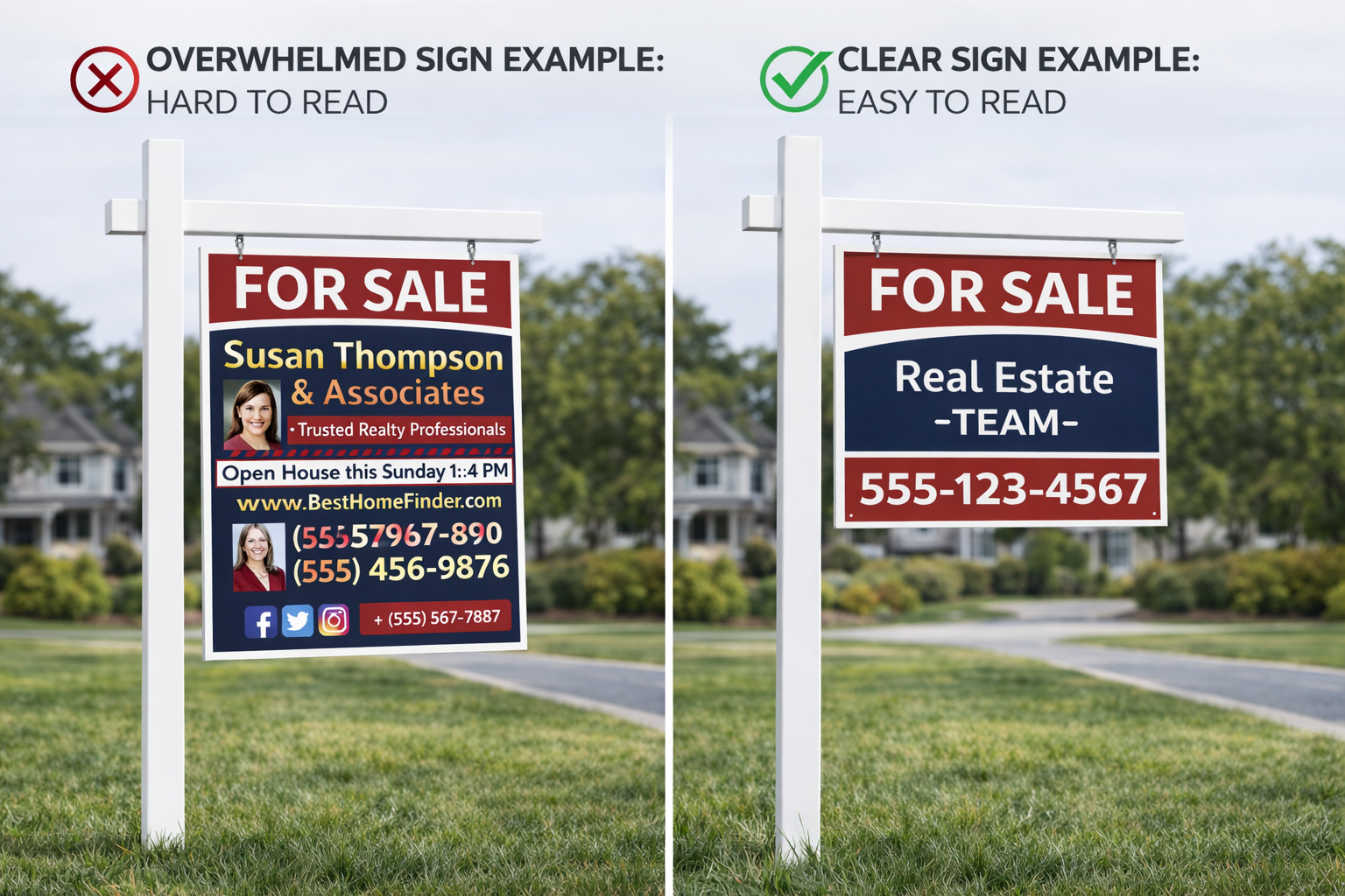 Comparison of a cluttered real estate sign versus a clean, easy-to-read sign highlighting common visibility mistakes