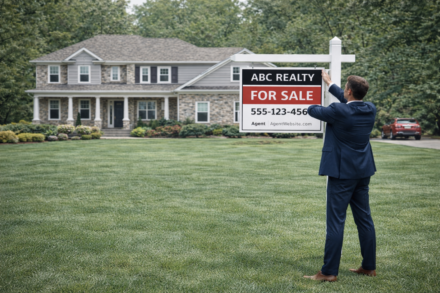 Real estate agent installing a yard sign on a six-foot post in front of a home, demonstrating proper sign height and placement.