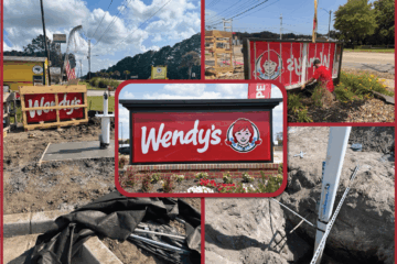 Monument sign installation process showing footer excavation, site preparation, and finished Wendy’s monument sign.
