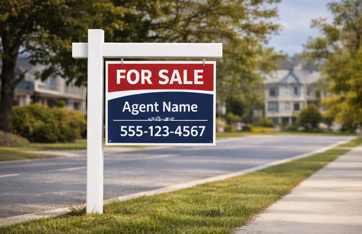 Real estate yard sign displayed on a quiet residential street illustrating a typical neighborhood sign placement