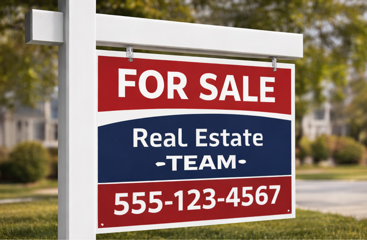 Close-up of a real estate yard sign showing clear text hierarchy, contrast, and readable layout