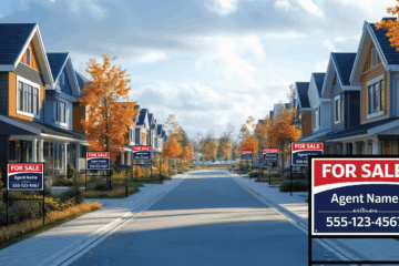 Repeated real estate for-sale signs along a residential street demonstrating how consistent sign systems build recognition over time