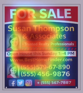 Predictive eye-tracking heatmap analysis showing visual overload on a crowded real estate sign layout