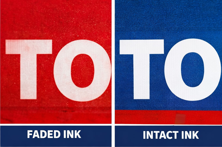 Close-up comparison showing faded outdoor sign ink versus intact UV-printed ink after prolonged sun exposure