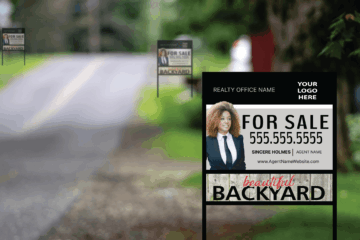 Real estate yard sign placed along a residential road demonstrating visibility, layout, and readable design
