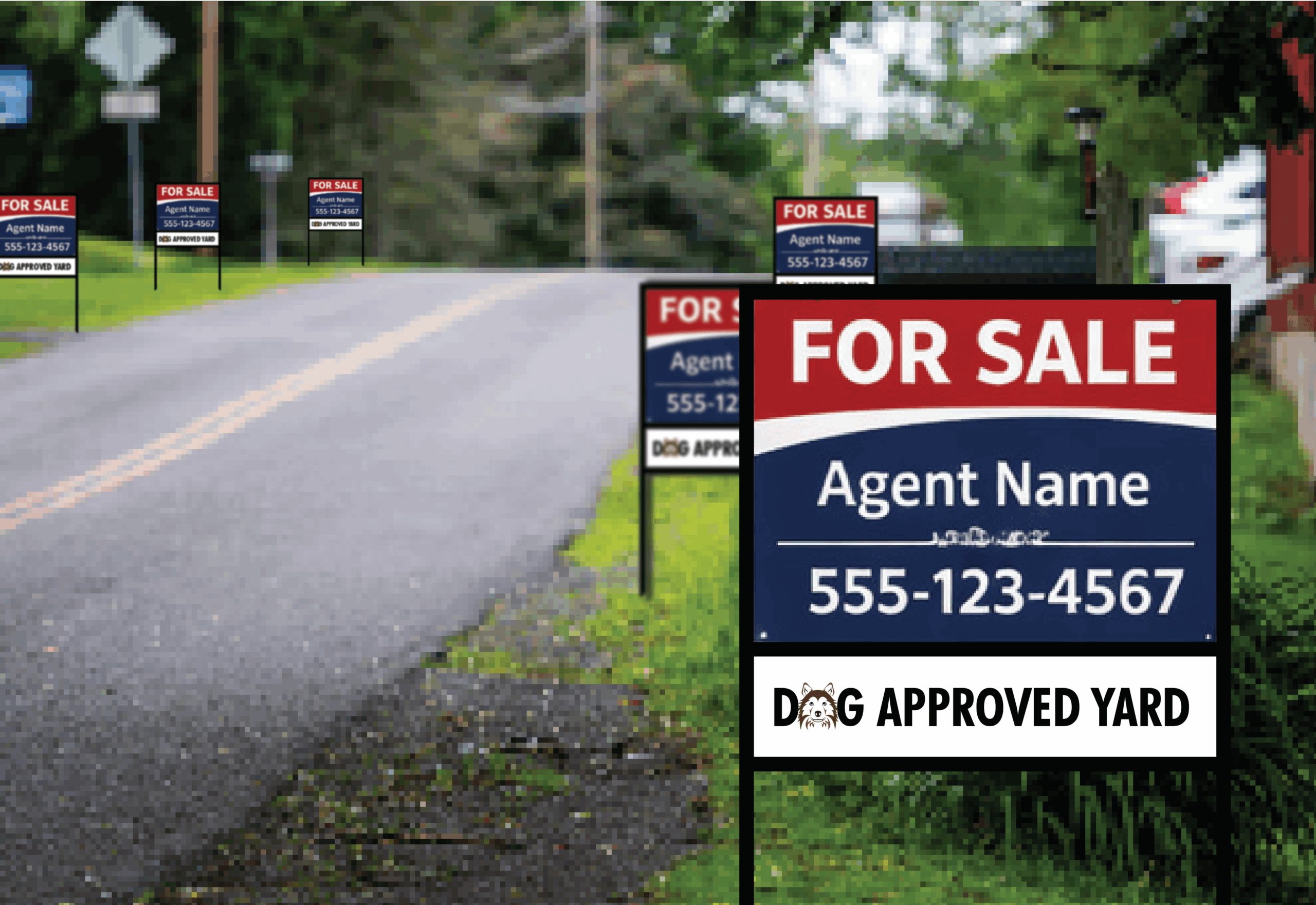 Repeated real estate yard signs along the same street demonstrating how consistent sign design builds familiarity and trust