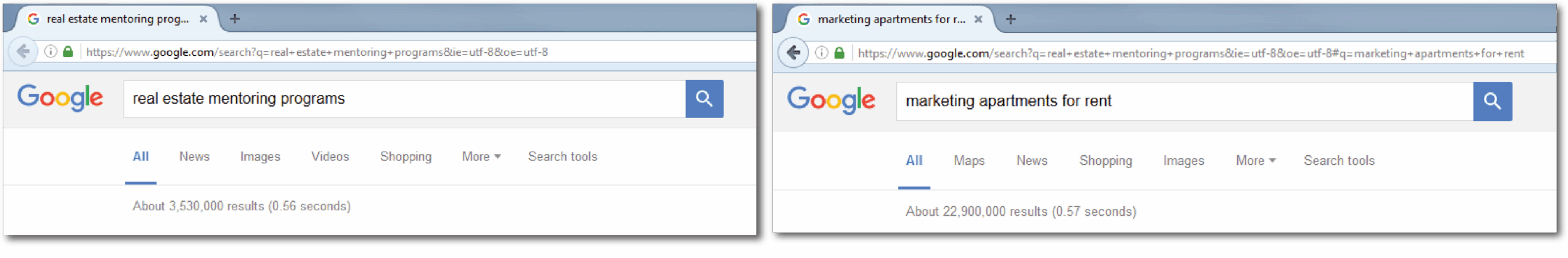 Google search results showing extensive competition for marketing apartments for rent.