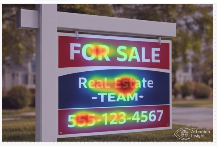 Predictive eye-tracking heatmap showing how viewers visually prioritize headline text and contact information on a real estate sign.