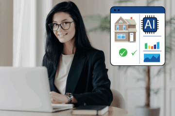 Real estate agent working on a laptop with AI icons representing property analysis, automation, and performance insights for real estate marketing.