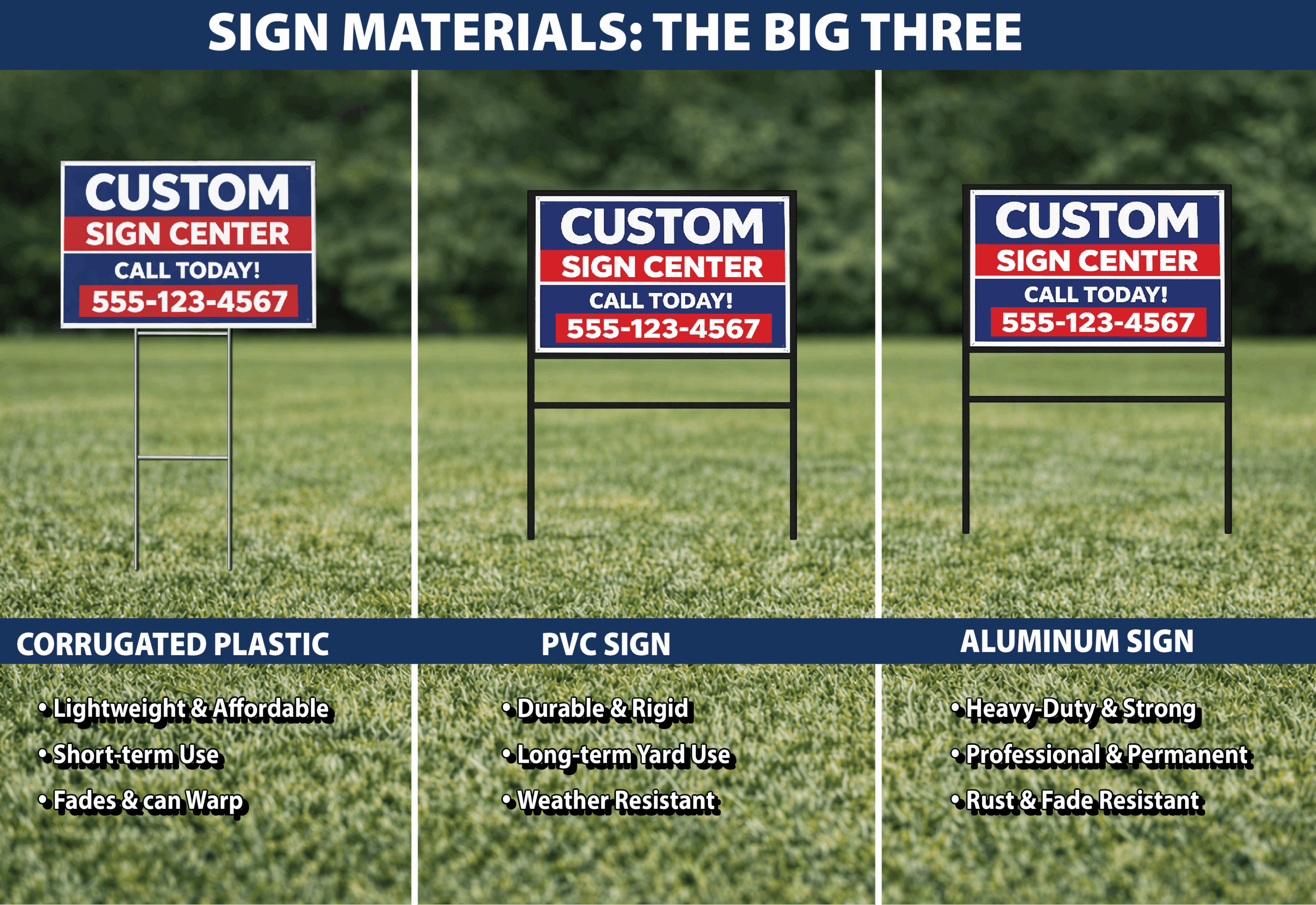Comparison of corrugated plastic, PVC, and aluminum yard signs showing differences in durability, support frames, and intended use.