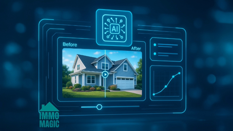 AI-powered real estate listing media showing before-and-after photo enhancement and virtual staging for a home.