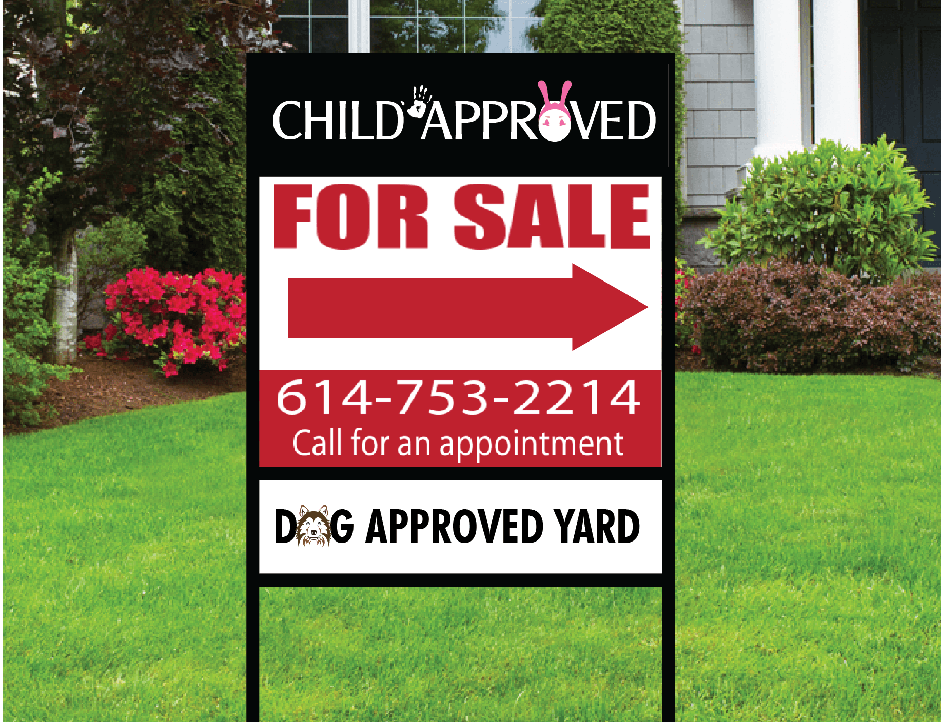 Real estate yard sign with multiple messages illustrating how information hierarchy affects readability and visual clarity