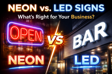 Side-by-side comparison of neon and LED business signage showing a glowing neon open sign versus modern LED storefront lettering