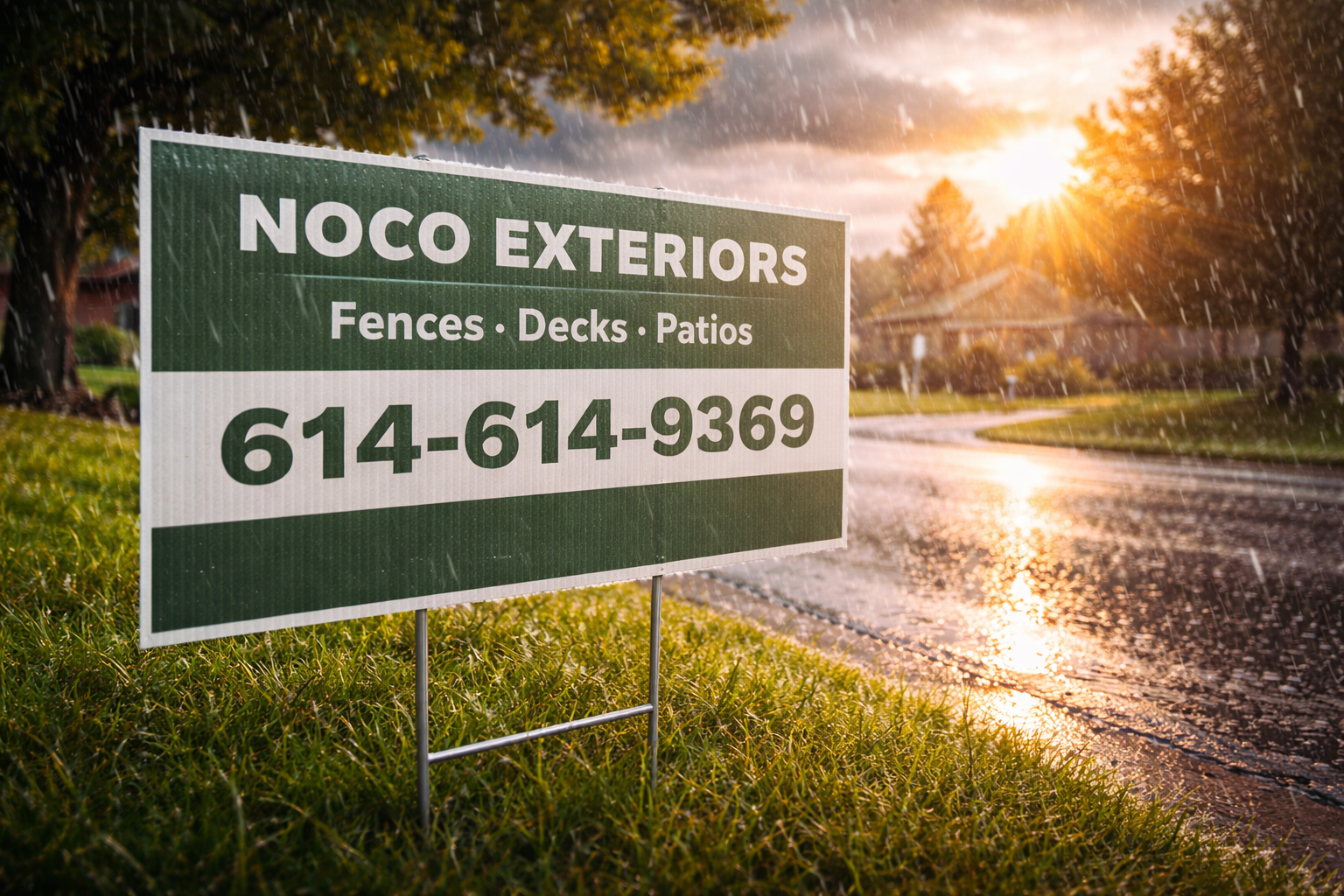Corrugated plastic yard sign installed along a residential roadside during a rainstorm