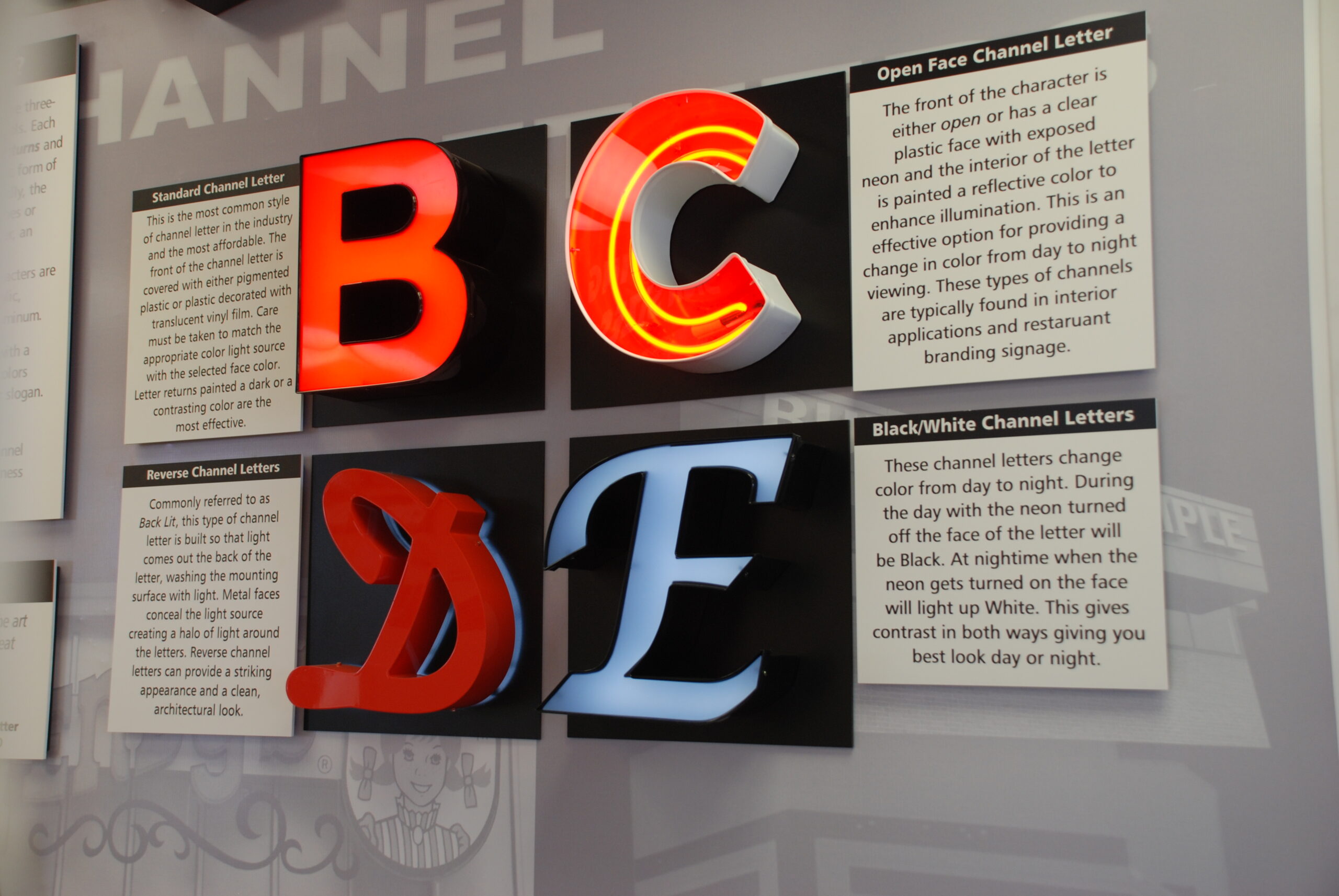 Commercial building with installed LED channel letter signage mounted on exterior façade