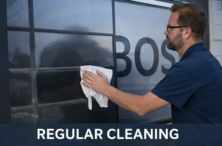 Technician cleaning the surface of an exterior business sign to maintain visibility and brightness.