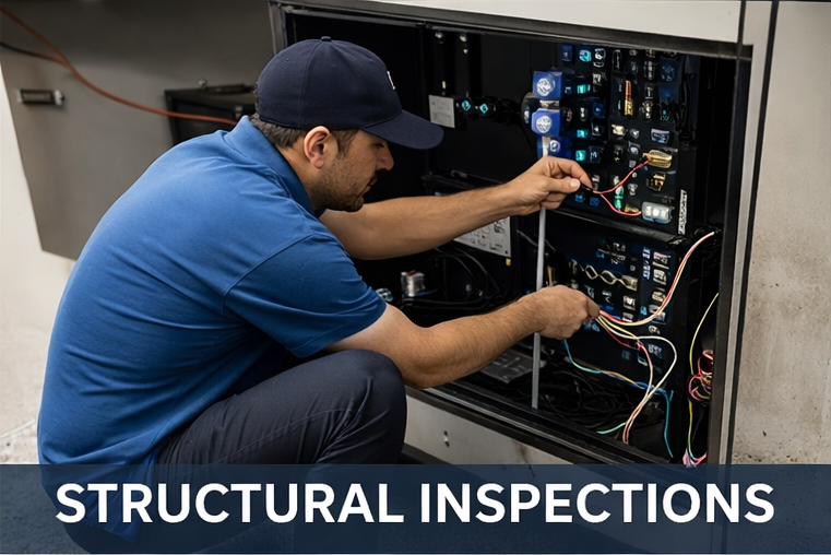 Technician inspecting electrical components and wiring inside an illuminated business sign cabinet.