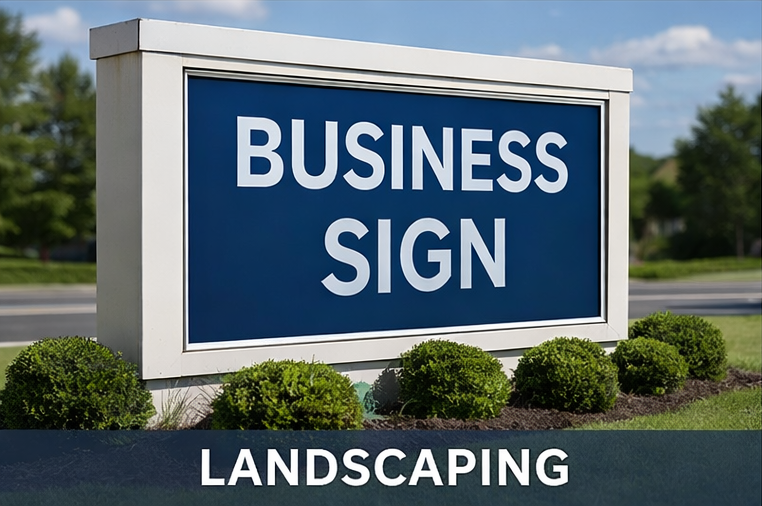 Well-maintained monument sign surrounded by trimmed landscaping and clean sightlines.