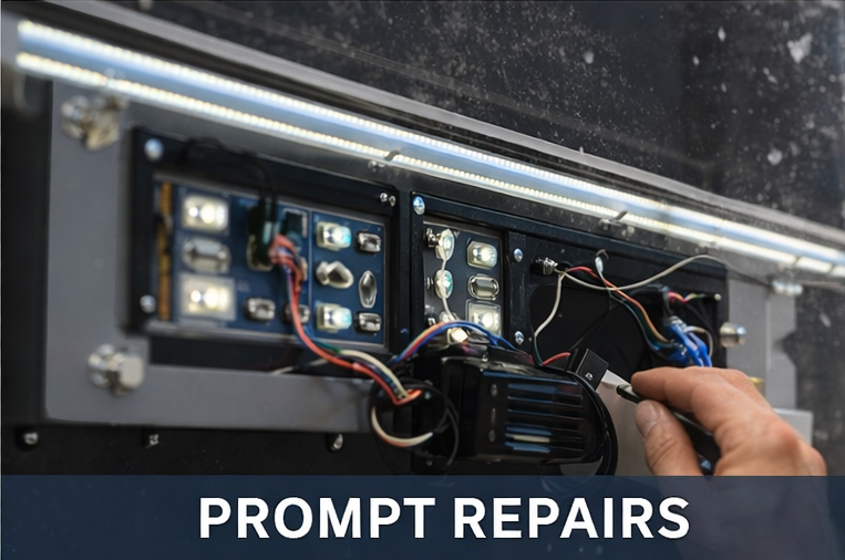 Close-up of technician repairing LED lighting inside a commercial business sign.