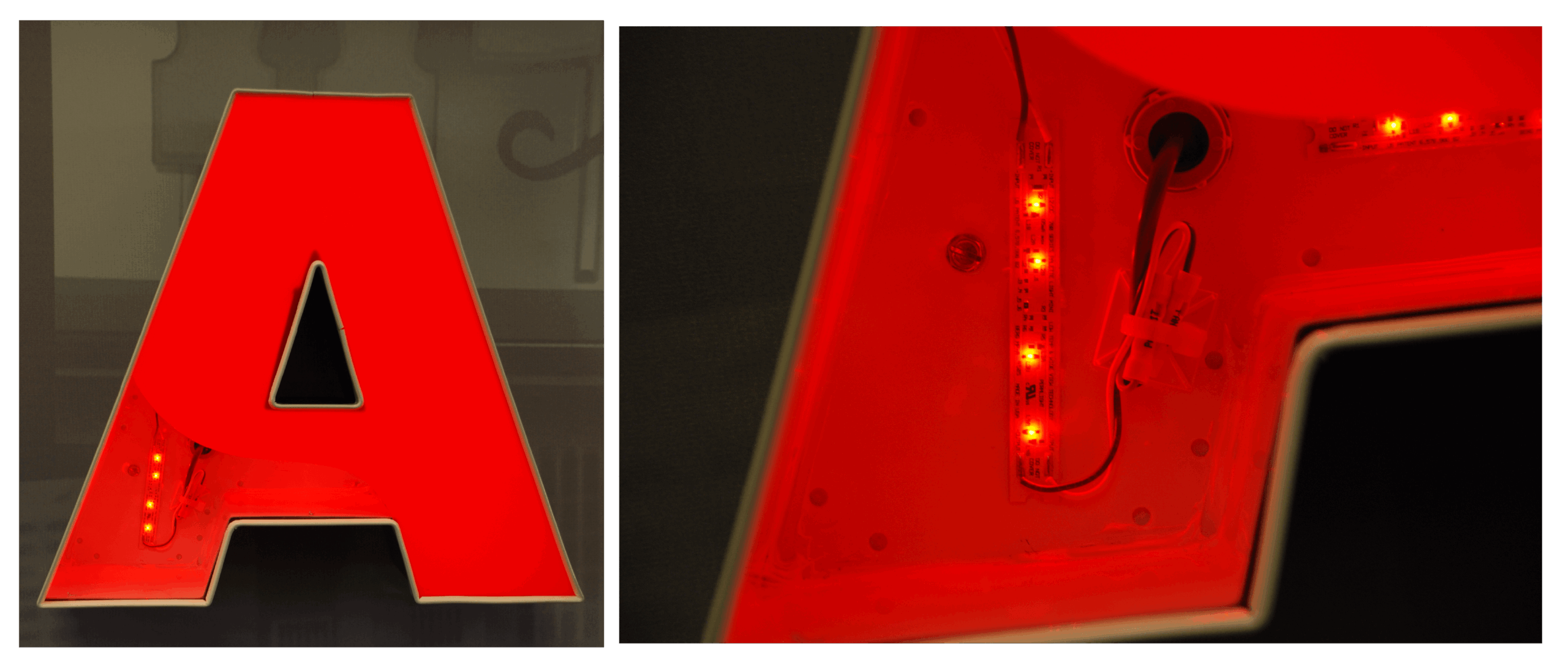 Illuminated red LED channel letter with side-by-side close-up of internal LED modules and wiring