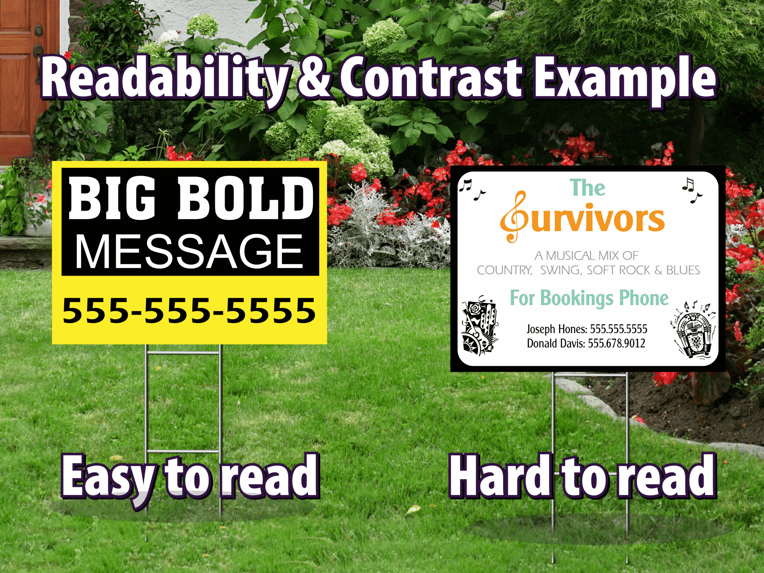 Comparison of easy-to-read and hard-to-read yard sign designs demonstrating contrast and layout differences