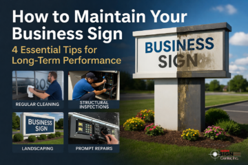 Graphic showing four business sign maintenance tips including cleaning, inspections, landscaping, and prompt repairs.