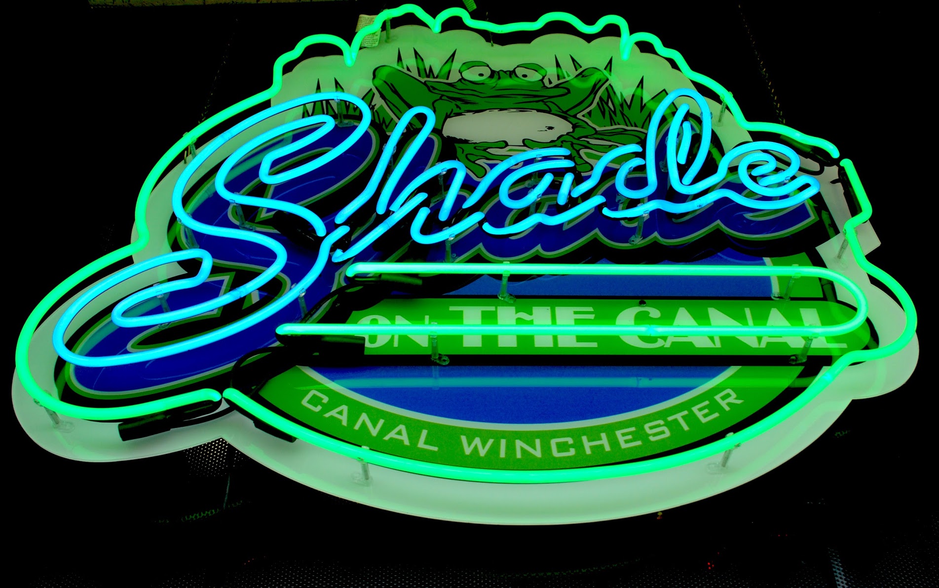 Custom LED neon-overlay business sign shaped with illuminated outline