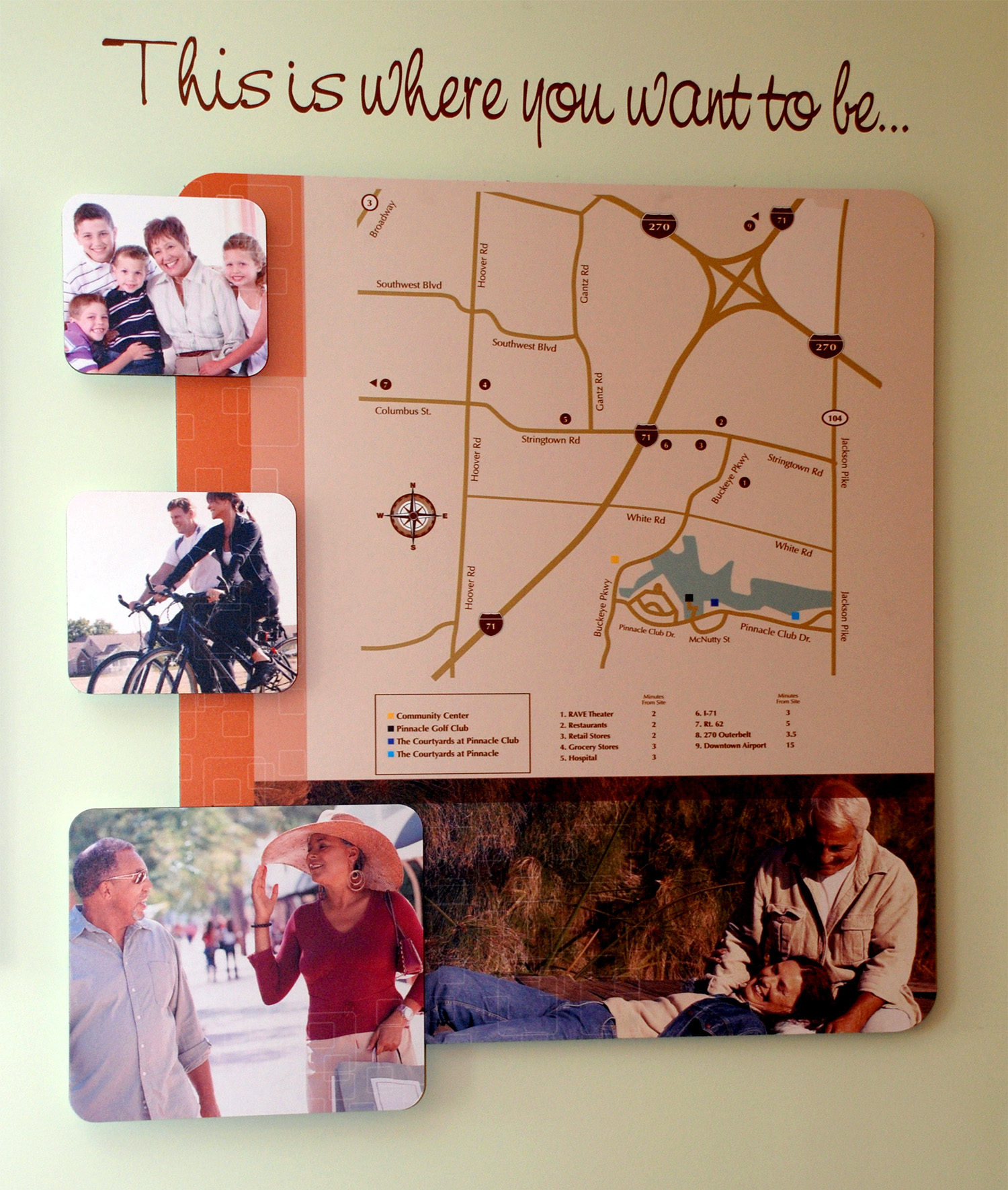 Interior wall-mounted wayfinding map and informational signage guiding visitors through a commercial property