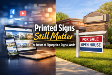 Laptop showing online real estate listings next to a traditional yard sign and monument sign illustrating the role of printed signage in modern marketing