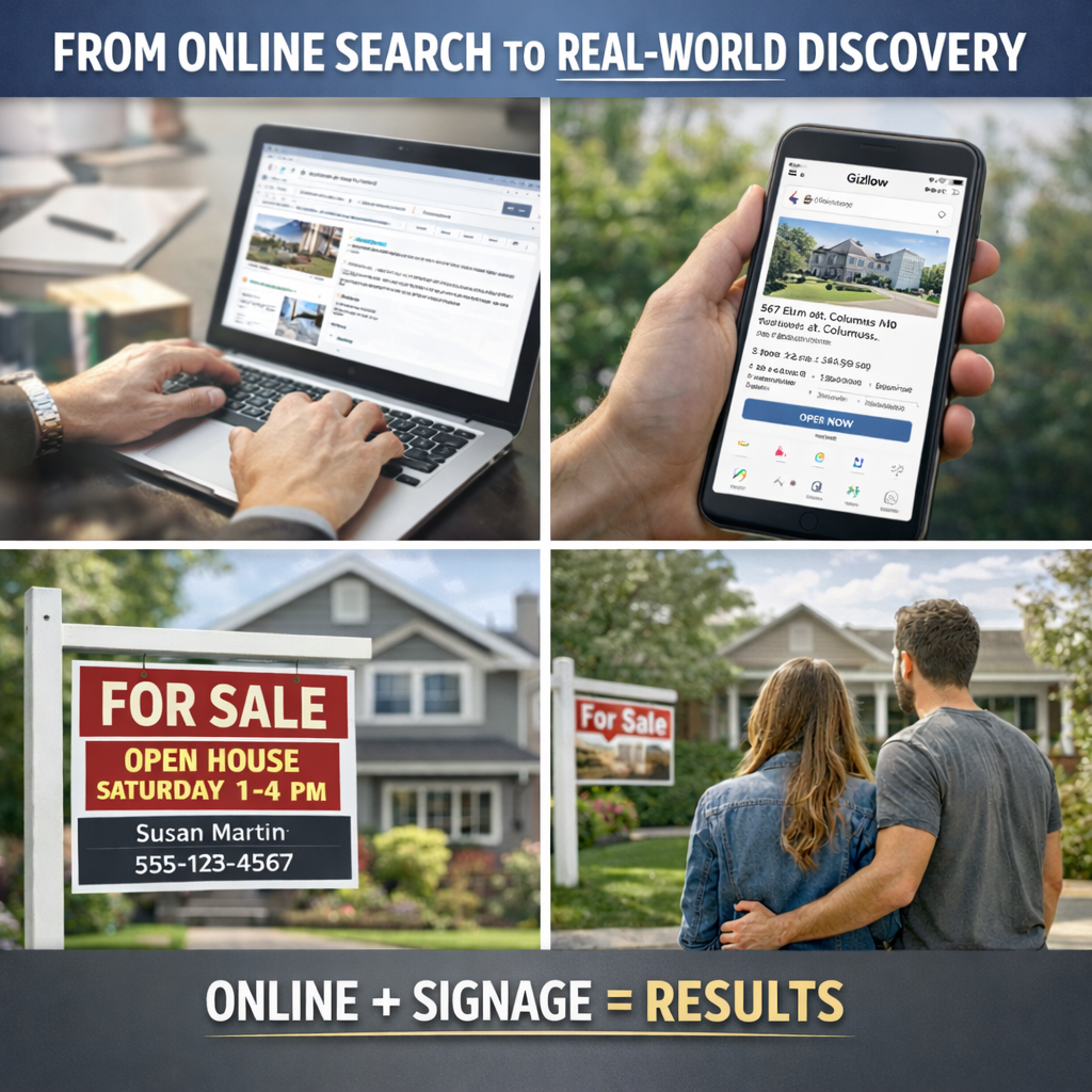 Online search leading to real-world discovery through storefront and real estate signage
