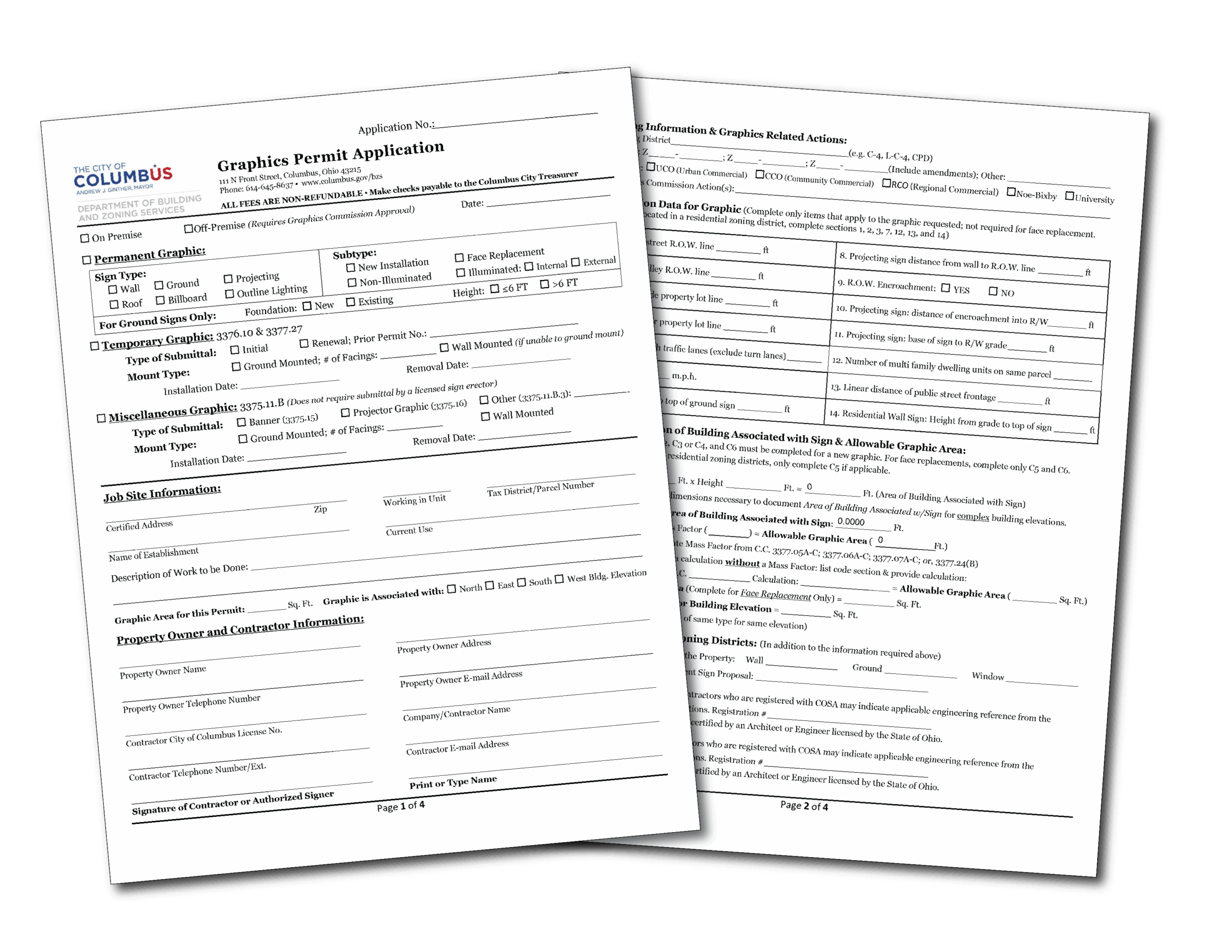 City of Columbus graphics permit application form for commercial sign installation approval.