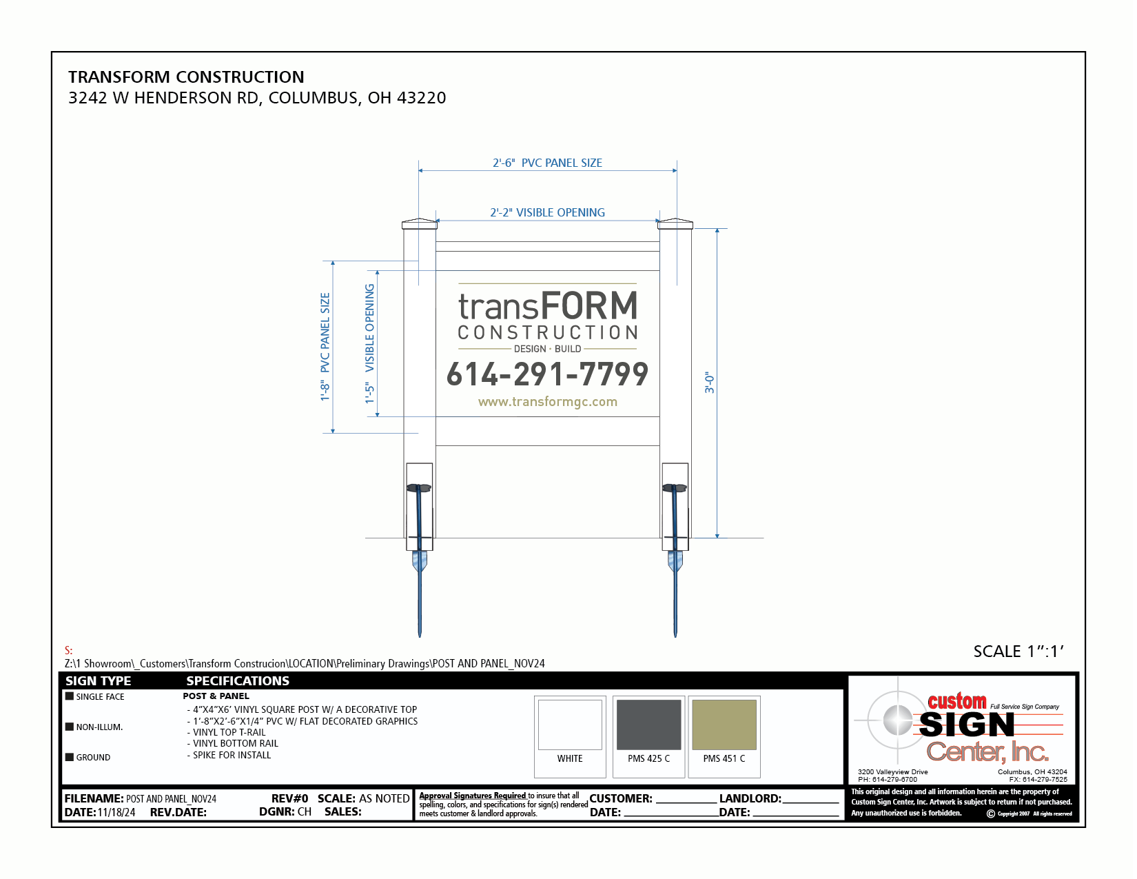 Post and panel sign design proof showing dimensions, layout, and branding for Transform Construction in Columbus Ohio