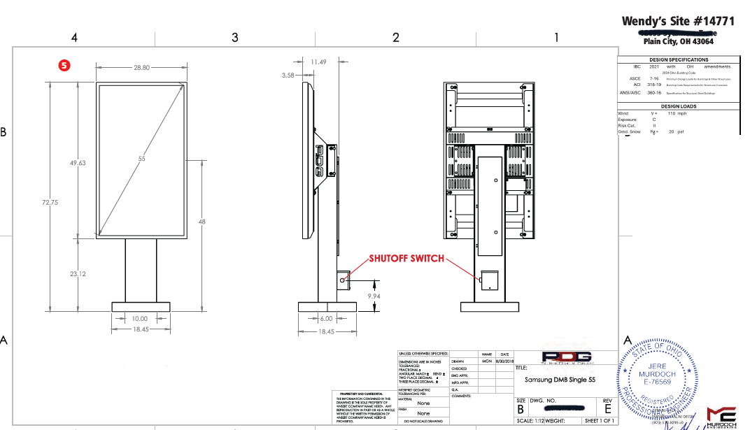 Stamped structural engineering drawing showing commercial sign dimensions, wind load specifications, and electrical shutoff details.