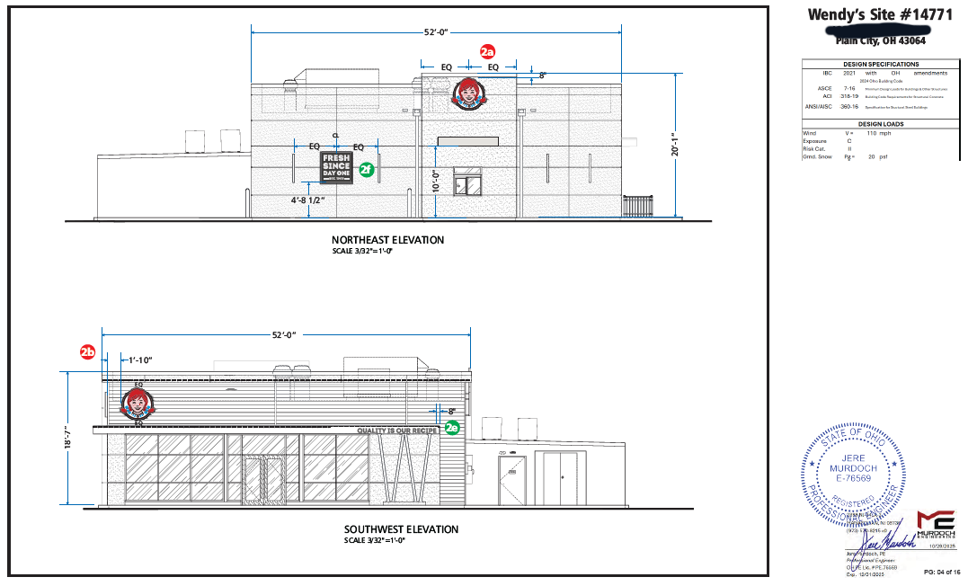 Building elevation drawing showing commercial sign placement and dimensions for zoning approval in Columbus Ohio.